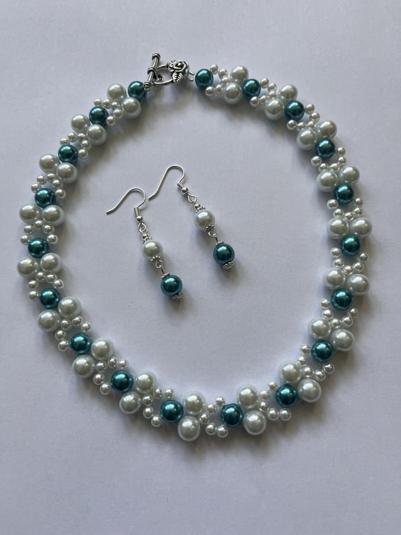 white and teal  pearl bead necklace set 16" tbar fastening womens earrings glass
