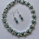 white and teal  pearl bead necklace set 16" tbar fastening womens earrings glass