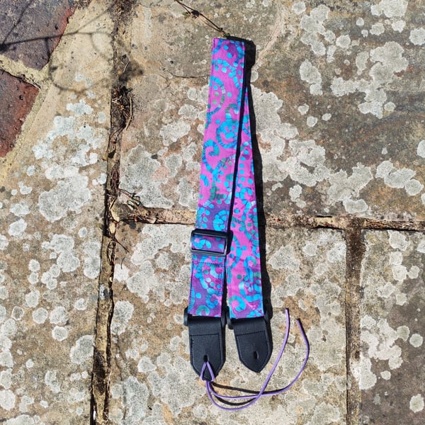  1.5 inch Wide Handmade ukulele neck strap in purple, blue and green batik