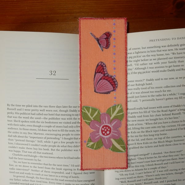 velvet effect bookmark with applique flower and butterflies