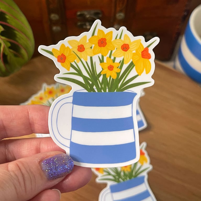 Daffodils in a Cornishware Jug Glossy Sticker