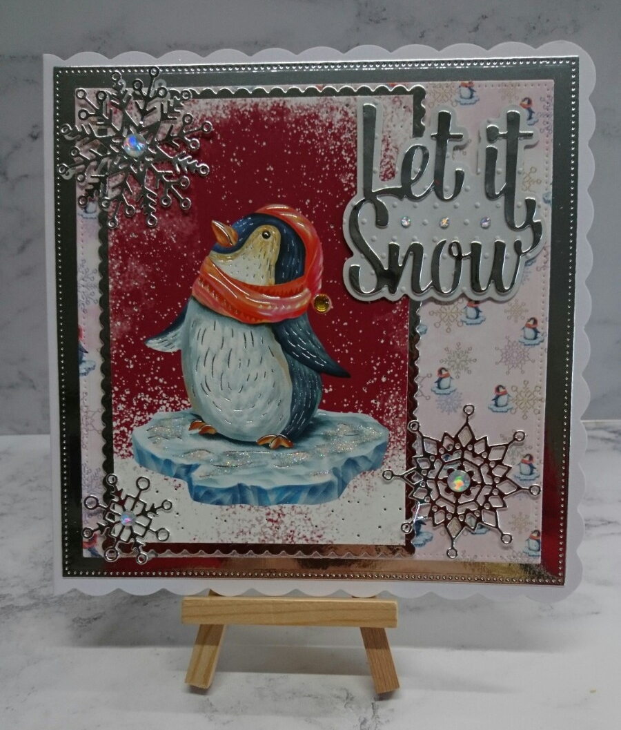 Christmas Card Penguin with Red Scarf on Iceberg Let it Snow 3D Luxury Handmade 