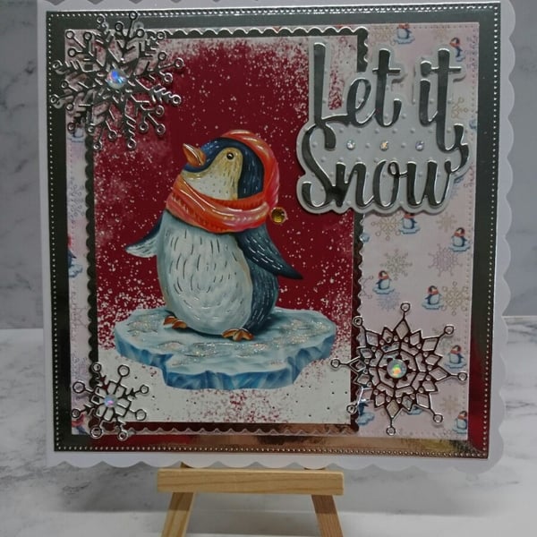 Christmas Card Penguin with Red Scarf on Iceberg Let it Snow 3D Luxury Handmade 