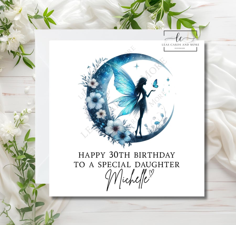Handmade Floral Moon Fairy Happy Birthday Card