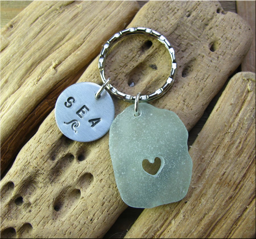 Scilly sea glass, drilled heart keyring