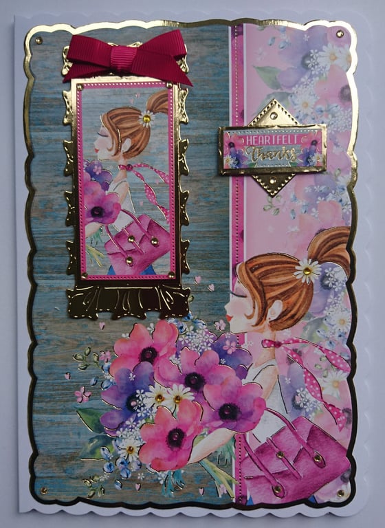 Thank You Card Heartfelt Thanks Chic Girl Bouquet of Flowers 3D Luxury Handmade