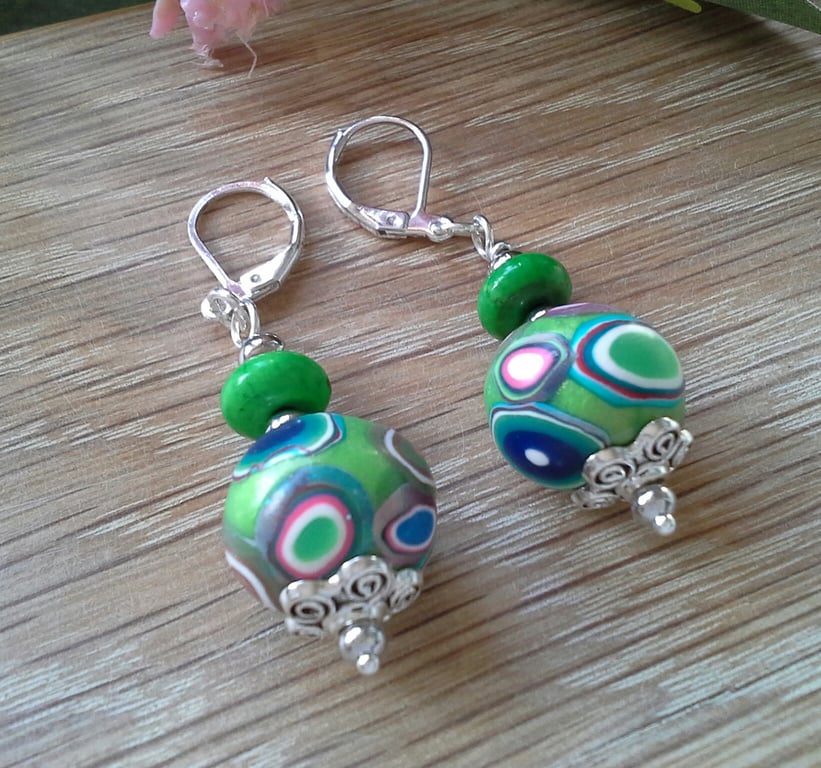Magnasite & Hand Made Polymer Clay Leaver Back Silver Plate Earrings