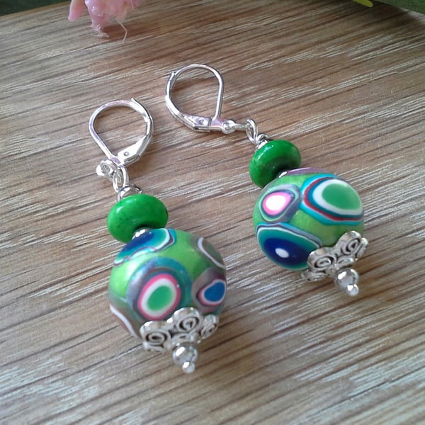 Magnasite & Polymer Clay Leaver Back Silver Plate Earrings