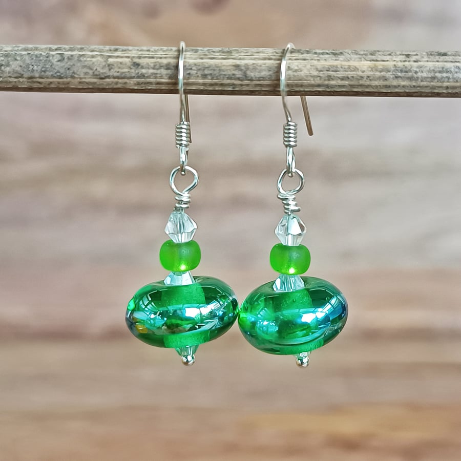EMERALD GREEN LAMPWORK STERLING SILVER EARRINGS