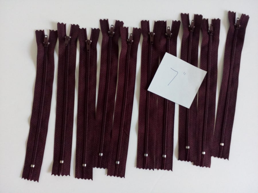 Zips, zip, Pack of 10 brown 7" zips,  brown, zip, 7" zip, 18 cm zip, nylon zip, 