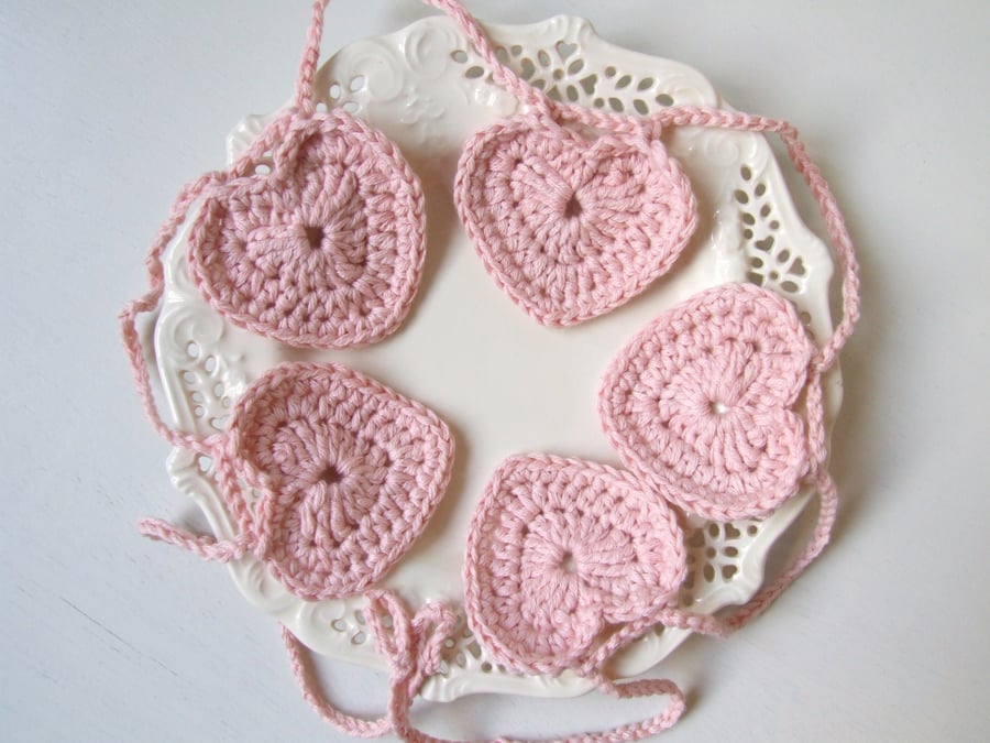 Pink heart garland, heart bunting, crochet heart garland, heart decor