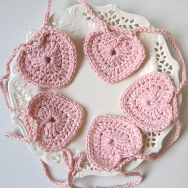 Pink heart garland, heart bunting, crochet heart garland, heart decor