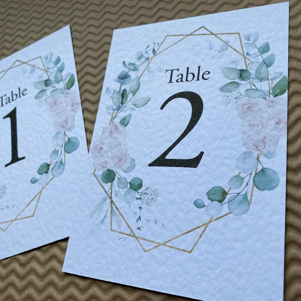 Blush pink roses Eucalyptus geometric frame TABLE NUMBERS foliage rustic A6 card