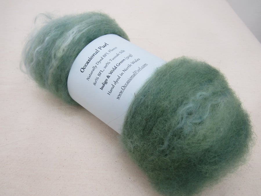 50g Indigo Green Naturally Dyed BFL and Silk Wool Batt