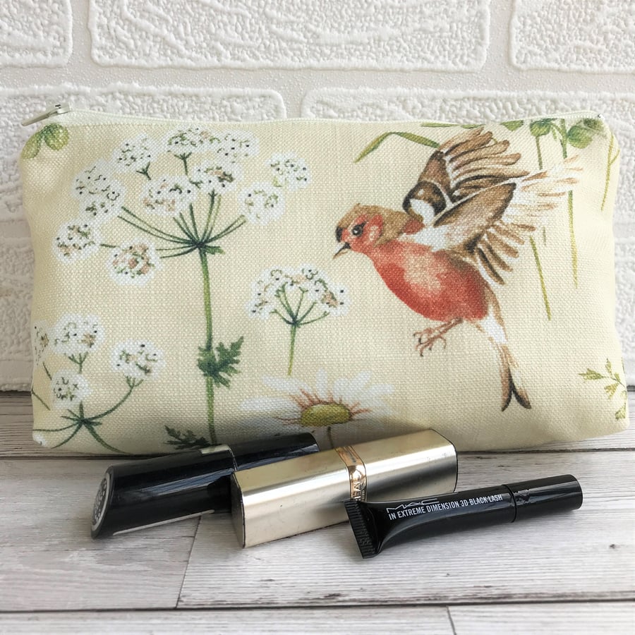 Make up bag, cosmetic bag with chaffinch, cow parsley and daisies