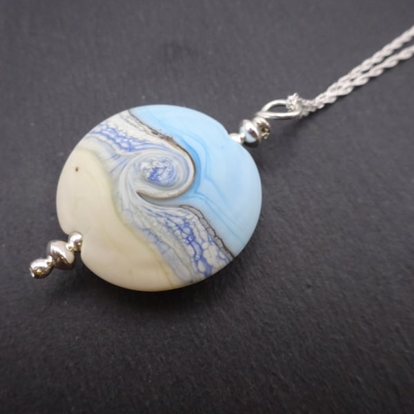 lampwork glass blue beach pendant necklace, sterling silver chain