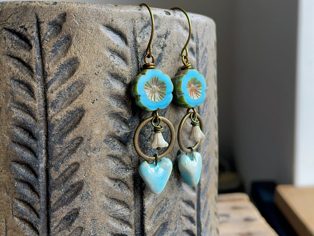 Spring Blue Flower Earrings – Czech Glass, Brass, Ceramic Hearts, Boho Style