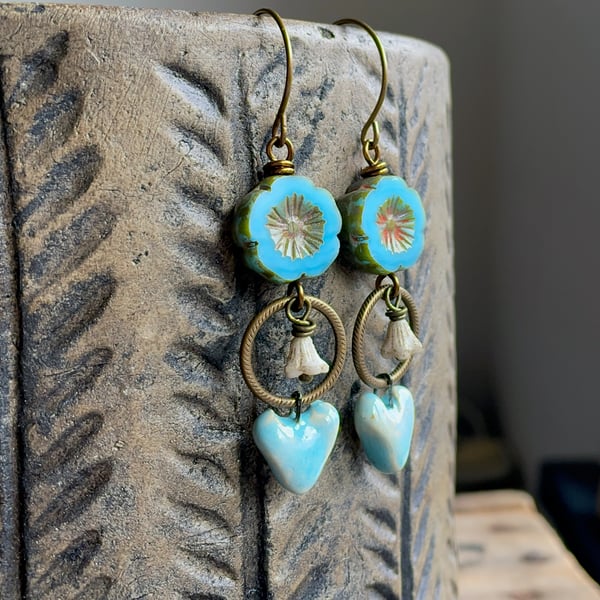 Spring Blue Flower Earrings – Czech Glass, Brass, Ceramic Hearts, Boho Style