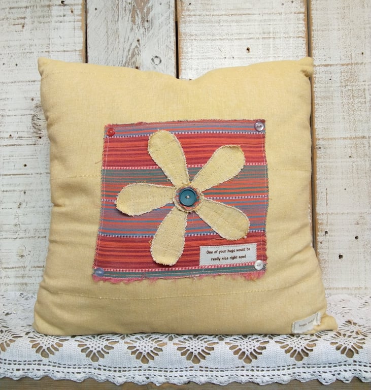 Handmade Appliqué Flower Cushion, Rustic Farmhouse Throw Pillow, Cottage Decor