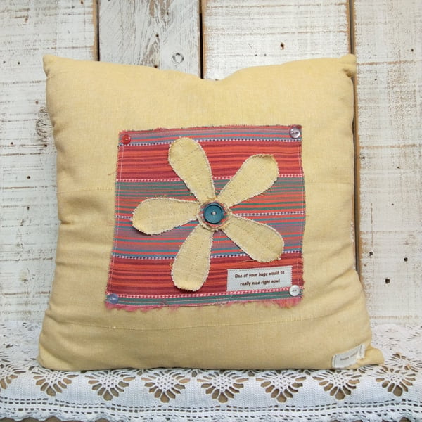 Handmade Appliqué Flower Cushion, Rustic Farmhouse Throw Pillow, Cottage Decor