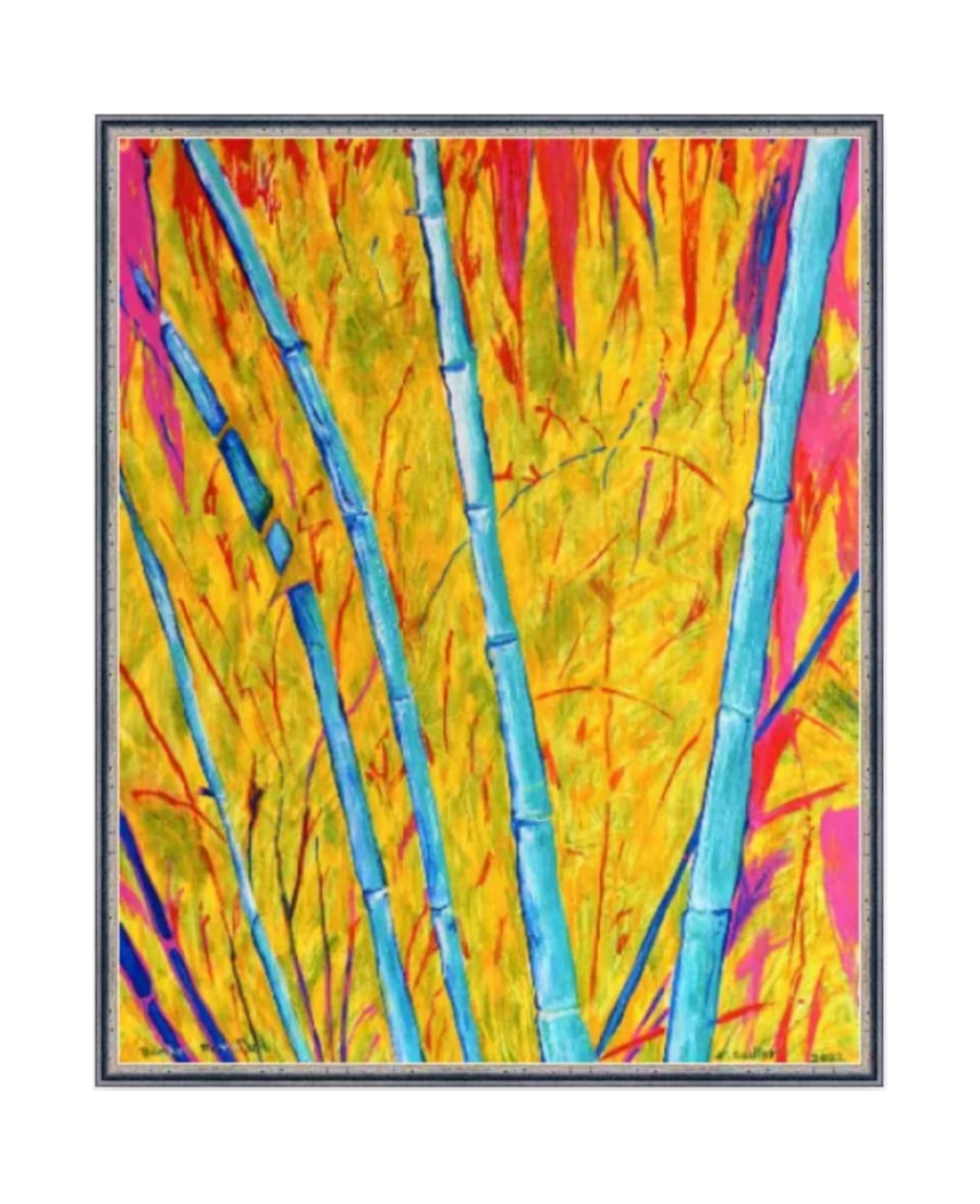 Framed Bamboo Oil Painting Colourful Maximalist Art