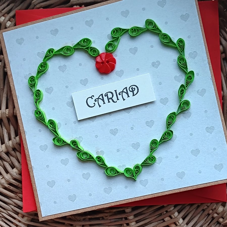 Cariad Quilled Love Heart Unique Handmade Card in Welsh Size 5"x 5" 
