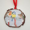 Garden birds wood slice hanging Christmas decoration 