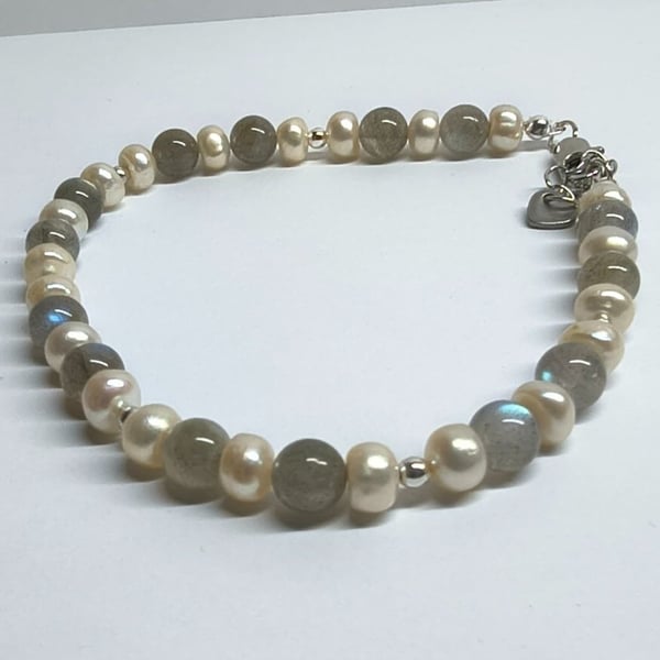 Limited Edition Moonstone & Freshwater Pearl Bracelet Handmade Silver Tone