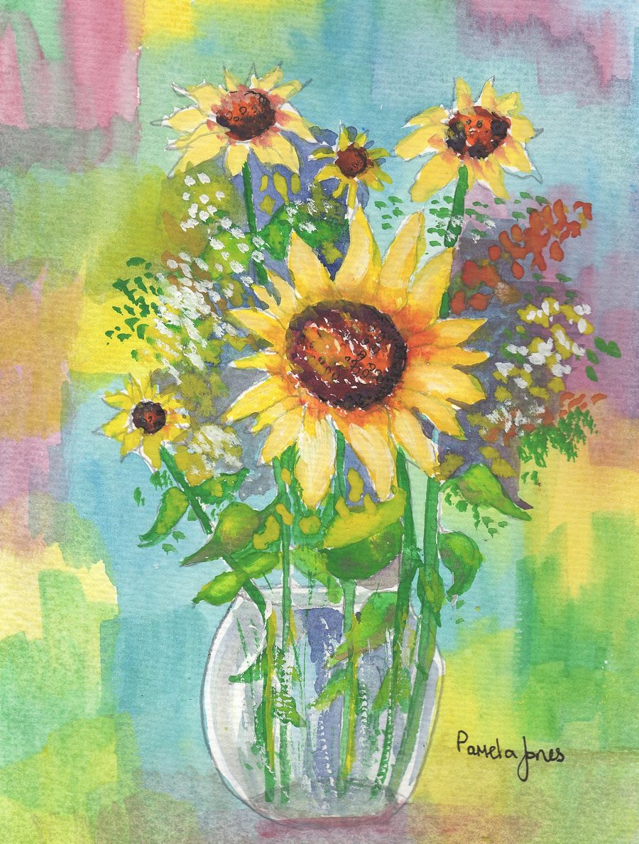Sunflowers, with Abstract Background, Original watercolour, in 14 x 11'' Mount