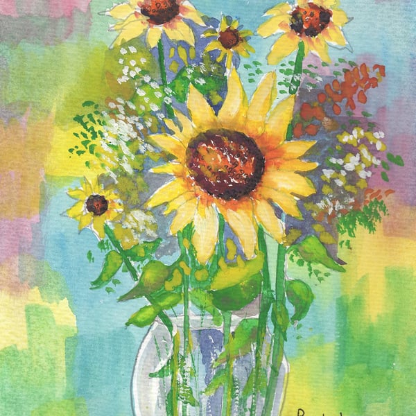 Sunflowers, with Abstract Background, Original watercolour, in 14 x 11'' Mount