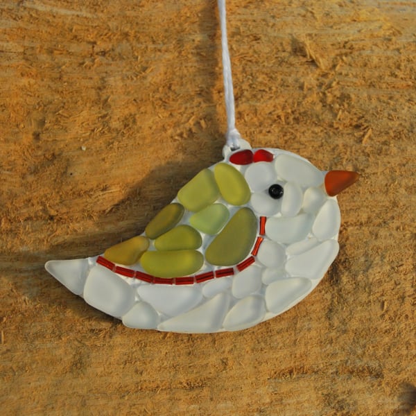 Bird mosaic made from beach glass