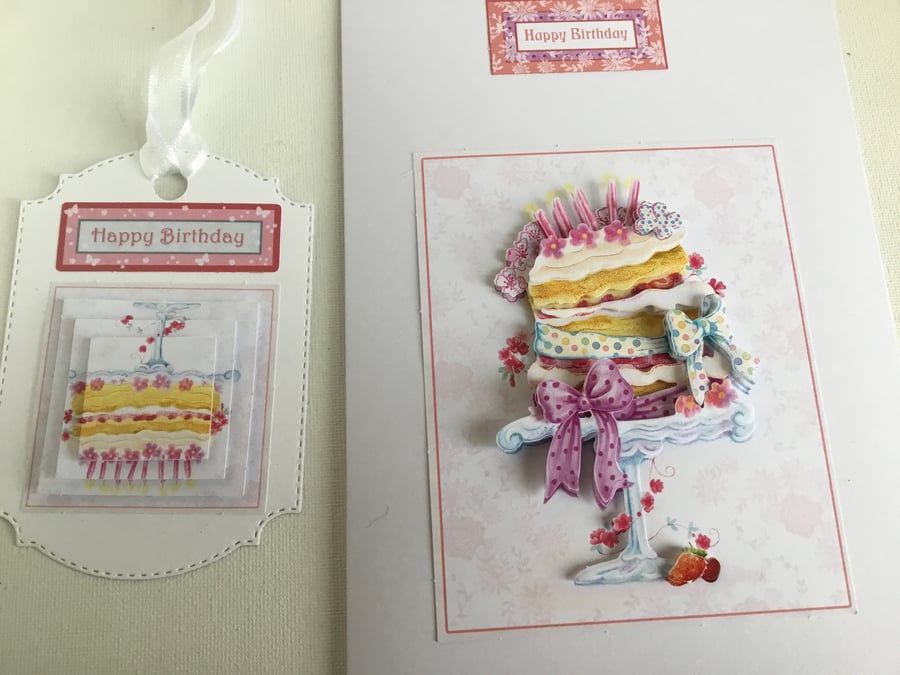 Decoupage Birthday cake card. Birthday card and gift tag set.  CC817