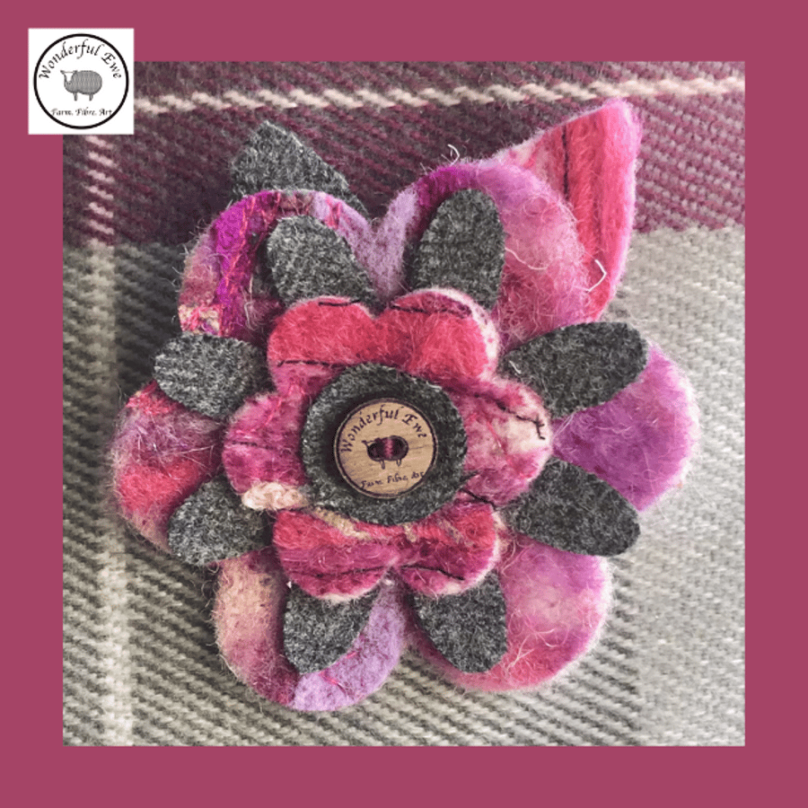 Flower brooch grey, purple, pink, floral flower textile fabric brooch accessory