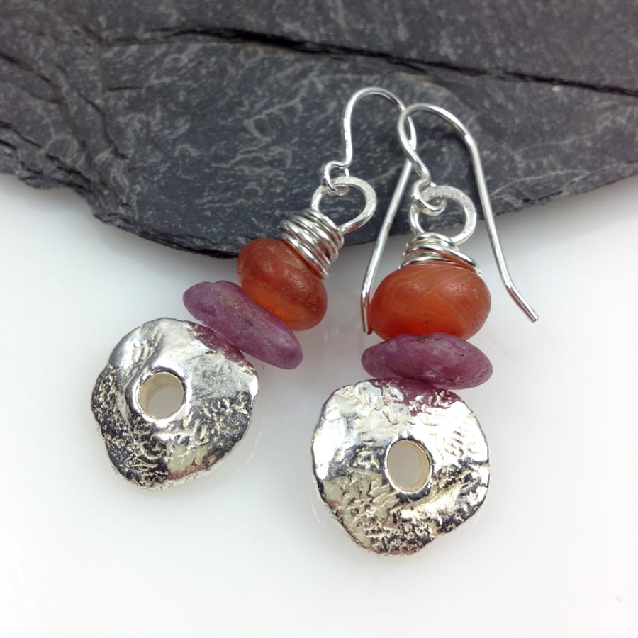 Silver Carnelian and ruby Rai stone earrings