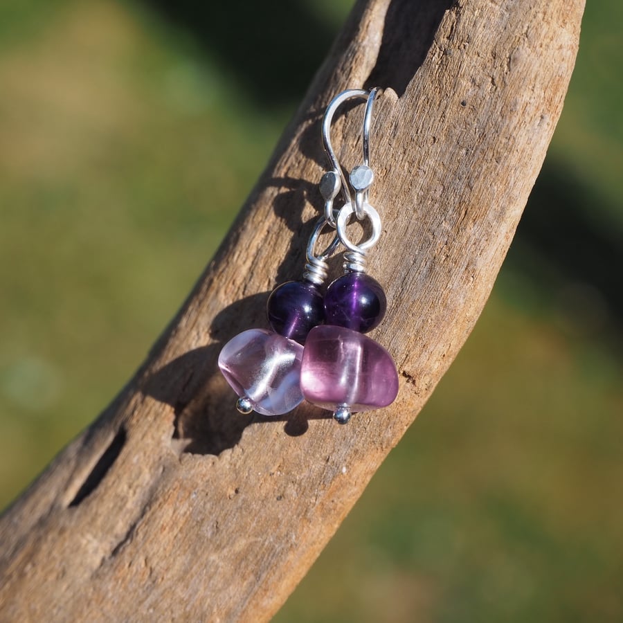 Fluorite and Amethyst Silver Dangle Drop Earrings
