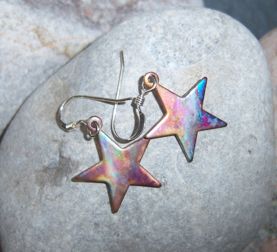 Star Earrings in Flame Painted Copper 
