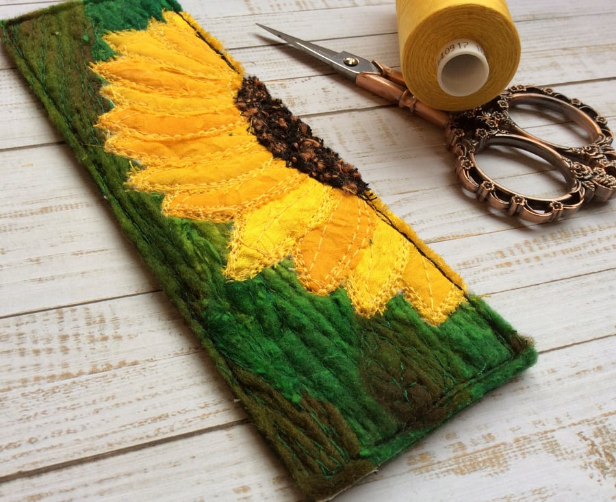 Embroidered up-cycled sunflower bookmark.  