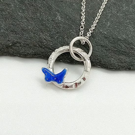 Enamelled butterfly necklace royal blue sterling silver hallmarked
