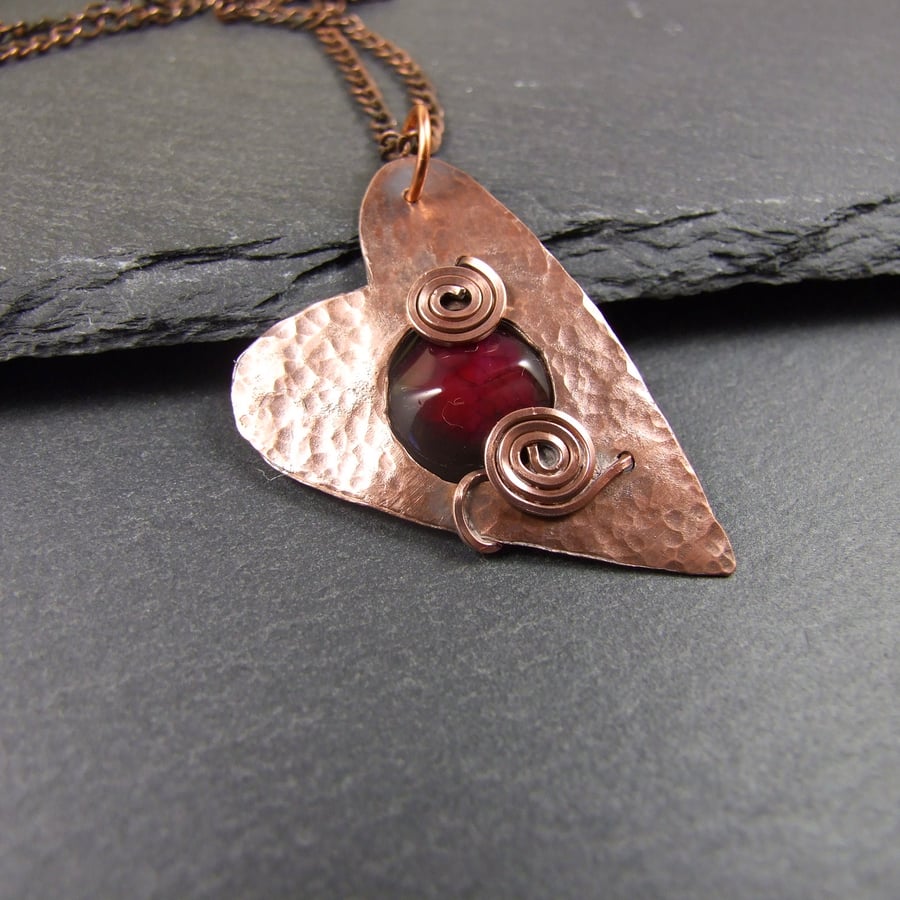Artisan Heart Necklace, Copper with Red Poppy Agate