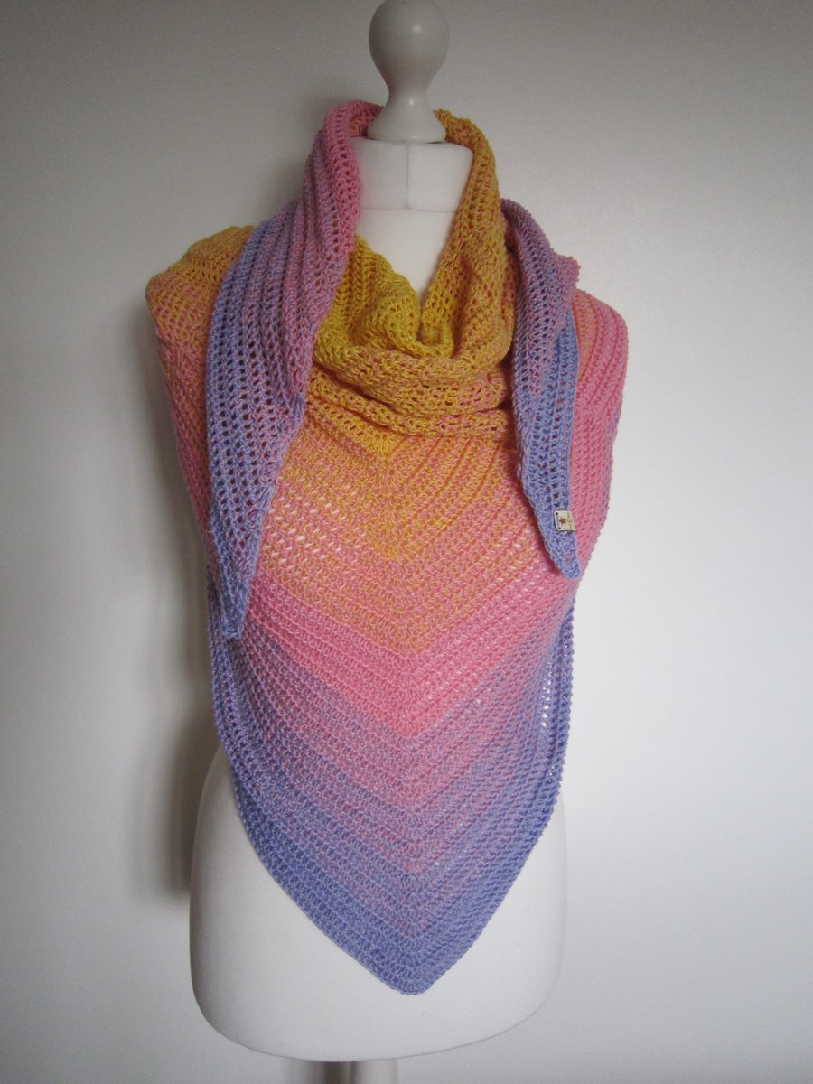 Ladies Shawl, summer shawl, yellow, pink, lilac, crochet shawl
