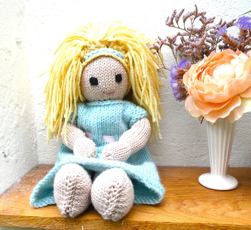 Doll. Hand knitted Doll 12" Wool Doll Handmade Blonde Hair and Knitted Dress