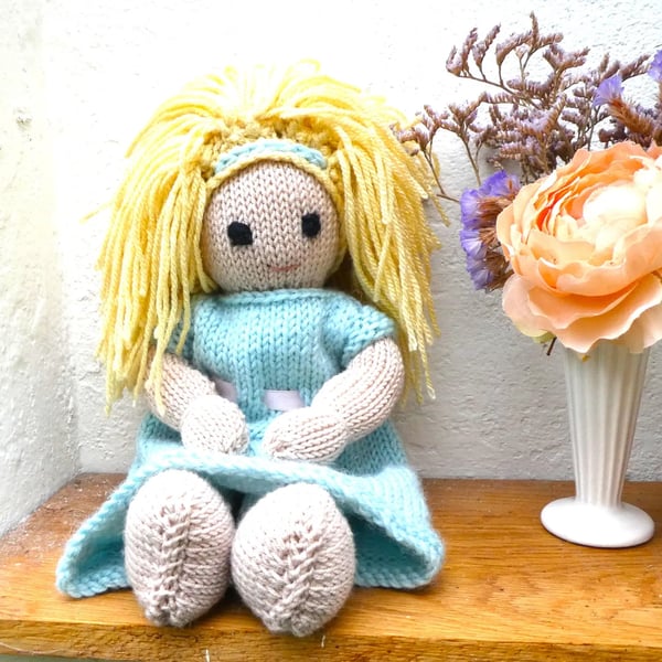 Doll. Hand knitted Doll 12" Wool Doll Handmade Blonde Hair and Knitted Dress