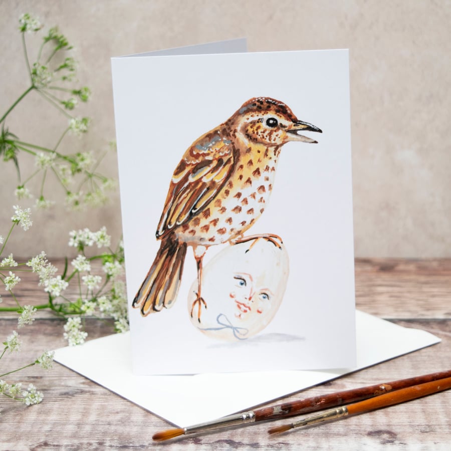 Blank note greeting card, A6. Thrush bird with an egg named Bobby