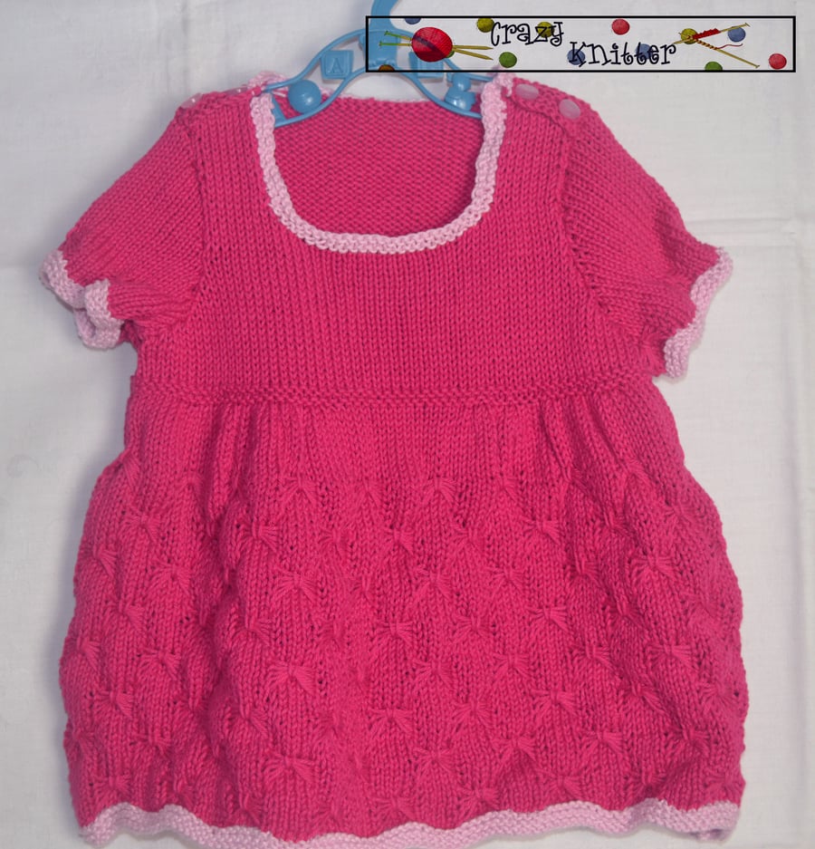 Hand Knitted Pink Baby Girl Dress 100% Cotton 22in 2-3 Years