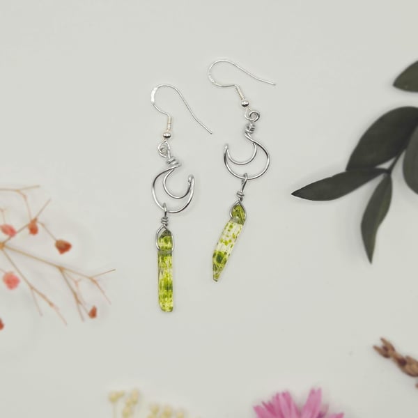 Sterling silver mini crescent moon wire earrings with moss green quartz crystals