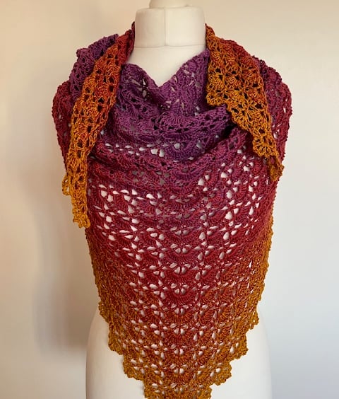 Ladies Burgundy and Ochre Crochet Shawl, Festival Shawl, Boho, Birthday Gift