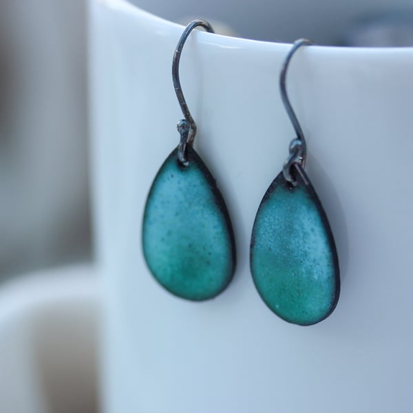 Turquoise blue enamel teardrop dangly earrings
