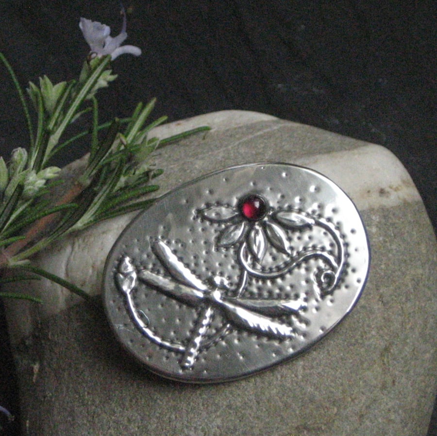 Dragonfly Garnet Brooch in Silver Pewter
