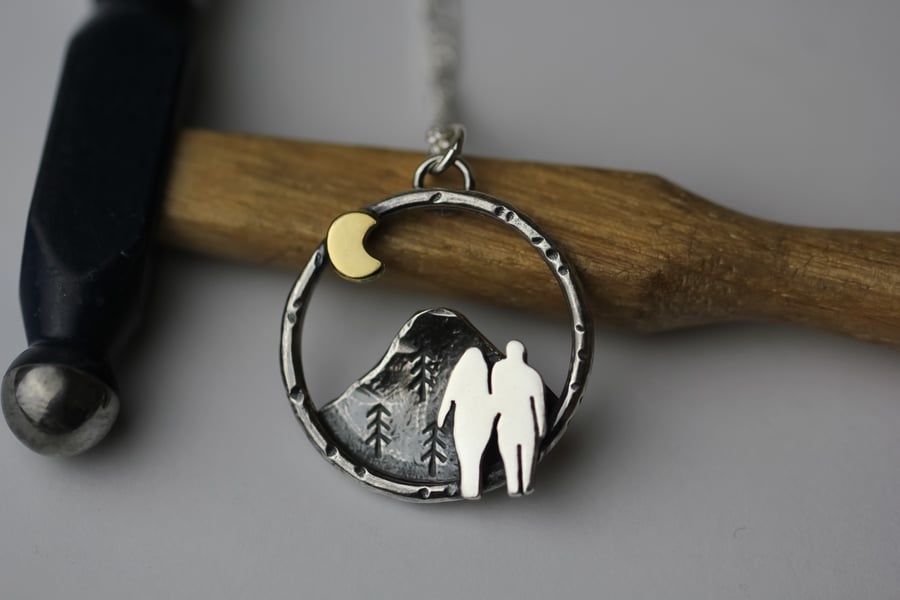 Sterling silver and brass Wandering couple necklace - Design A -Made to order