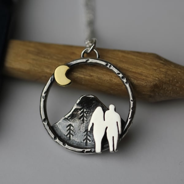 Sterling silver and brass Wandering couple necklace - Design A -Made to order